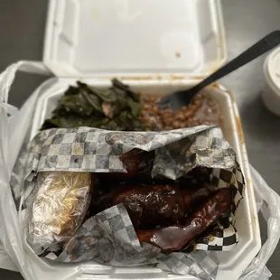 Ribs&amp;Chicken Baked beans and greens . Everything was great  Mac&amp;cheese and green beans were fire too!!!