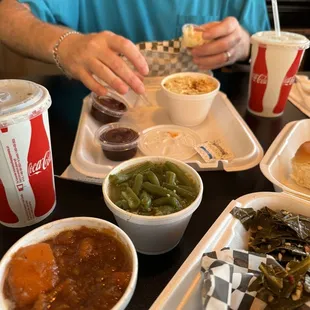 Best Beloved's potato salad, green beans, sweet taters, greens