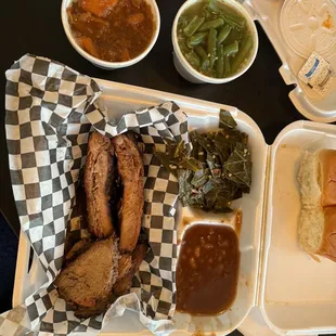 Ribs, greens, tri-tip, baked beans, green beans, sweet taters, Hawaiian rolls