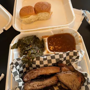 Ribs, tri-tip, baked beans, greens, Hawaiian rolls