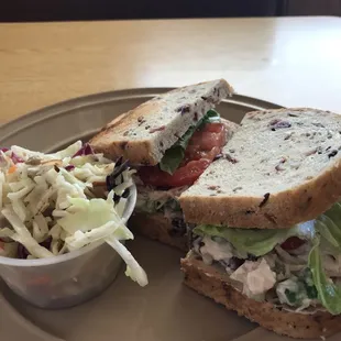 A super delicious chicken salad sandwich on cranberry wild rice bread