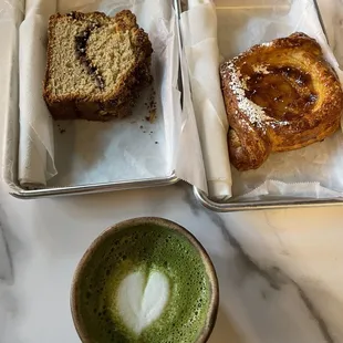 Matcha latte, coffee cake, danish