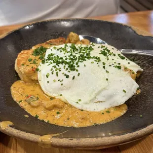 Crawfish biscuits and gravy with eggs