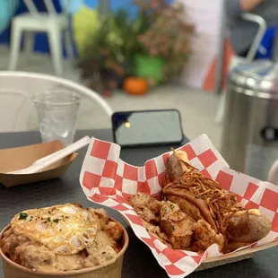 two baskets of food on a table