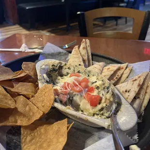 Spinach artichoke dip came with hot pita bread and crispy tortilla chips