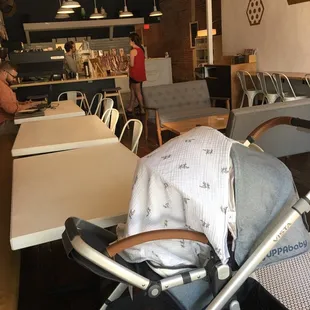 a baby in a stroller