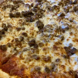 Sausage, onion, and extra cheese.