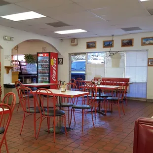 Simple, comfortable seating with a lunch counter to your left