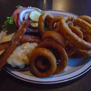 Signature Beartown Burger with onion rings - slow to come out and way over cooked - not impressed.