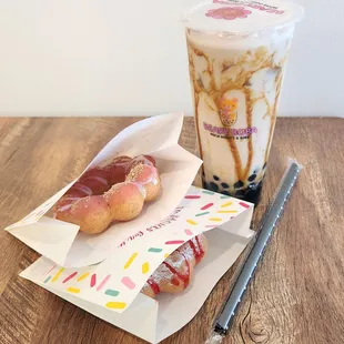 two donuts and a drink