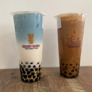Left: Butterfly blue milk tea with tapioca  Right: Thai tea iced coffee with tapioca