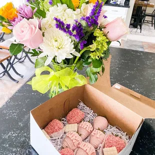 Mixed All-Vegan Strawberry Shortcake and Light Pink Strawberries + Mini White Chocolate Bars