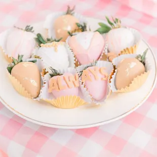 Spring wedding dessert table of our chocolate covered strawberries!