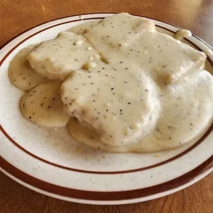 Biscuits and peppery gravy.