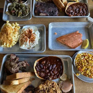 Two 3 meat platters with most of the sides. Beans &amp; greens!!