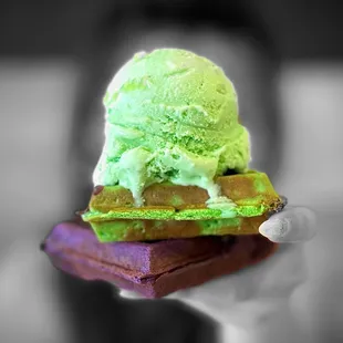 Pandan Ube Mochi Waffle with Pandan Ice Cream | IG: whaevaeats
