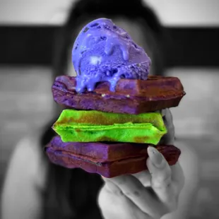 Pandan Ube Mochi Waffle with Ube Ice Cream | IG: whaevaeats