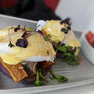 Eggs Benedict on Ube biscuits