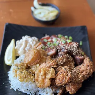 Shrimp, Guava Fried Chicken and Pork Belly ~