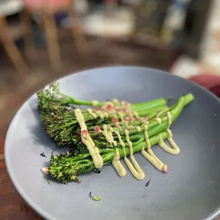 Broccolini Dijon-ish sauce and pomegranate. Poppin!