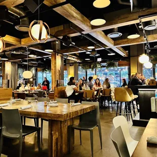 people sitting at tables in a restaurant