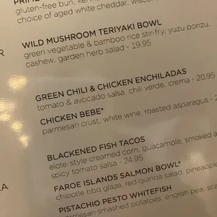 The gluten free menu