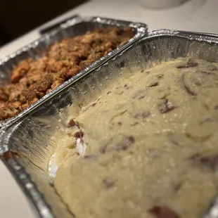 two pans of food on a table