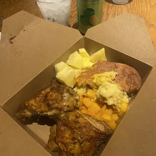 Yummm bake chicken, with corn pudding, butternut squash, and some pineapple