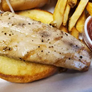 Grilled Mahi Sandwich with lemon dill caper sauce