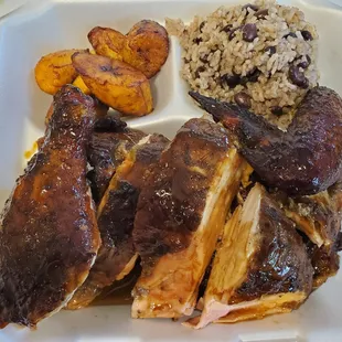 Jamaican Jerk Chicken, Rice and Black Beans, and Fried Plantains