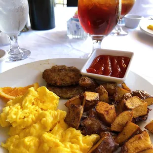 Scrambled eggs, potatoes, and sausage
