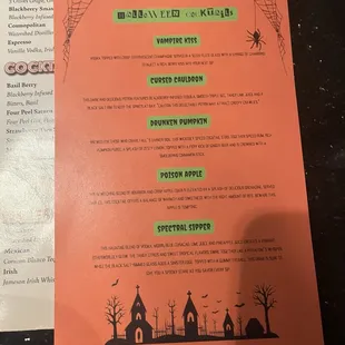 Halloween cocktail menu