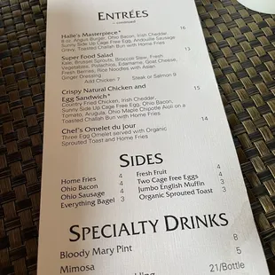 a menu for a special drink