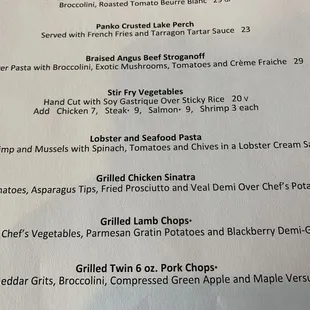 Dinner menu