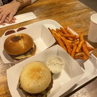 B9. Burger, B Kind Burger, and Sweet Potato Fries.