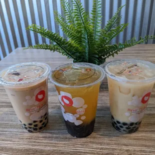 Oolong milk tea, Lychee Beautea, and Wintermelon milk tea, all with boba (left to right)