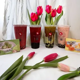 Red Dragon Milk Tea, Dragon Fruit Burst Fresh Tea, Matcha Brown Sugar Milk Tea, Matcha &amp; Mango Cacao Mochi.