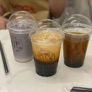 Taro Milk Tea, Thai ice Milk Tea, and Strawberry Green Tea