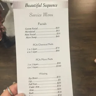 Service Menu for Araceli at Beautiful Sequence.