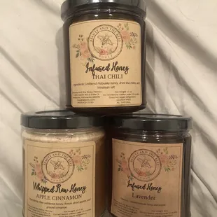 Thai chili honey, apple cinnamon whipped honey, lavender honey