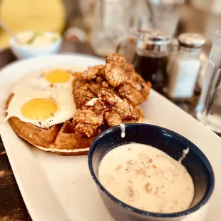 Chicken and waffles and sausage gravy