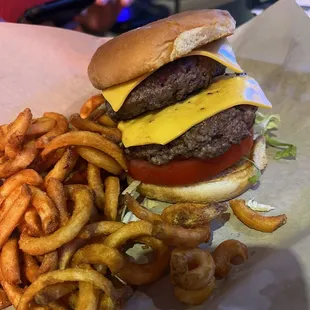 a cheeseburger and fries