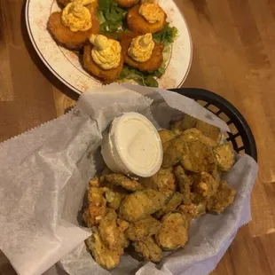 Appetizers of Deep Fried Deviled Eggs and Deep Fried Pickles