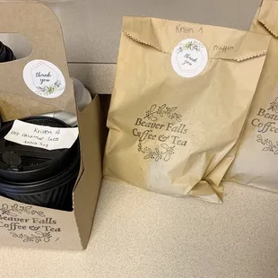 Ordered lattes, hot chocolate, scone, and muffin for delivery