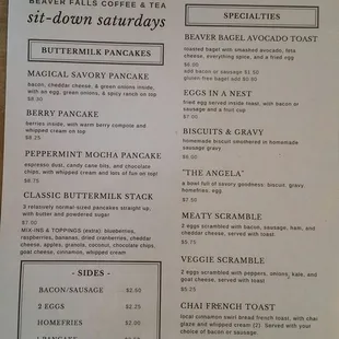 Saturday morning breakfast menu, 8 am to 12 pm.