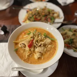 Spicy fried rice and chicken red curry noodles