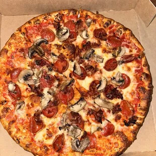 Bacon, pepperoni, mushrooms