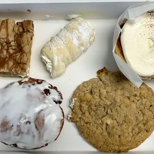 Apple-caramel crumb-cake, lady lock, cinnamon roll, apple fritter, and apple-caramel cookie
