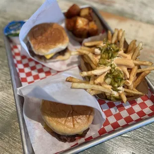 Two of the Single bebe burger, fries, and cheese curds