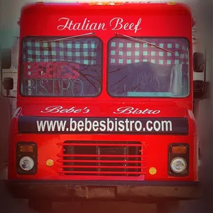 the front of a red truck